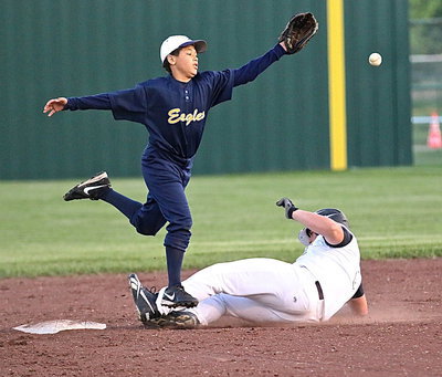 Image: Senior Gladiator Zain Byers(5) slides into second-base and then hustles to third-base on the overthrow.