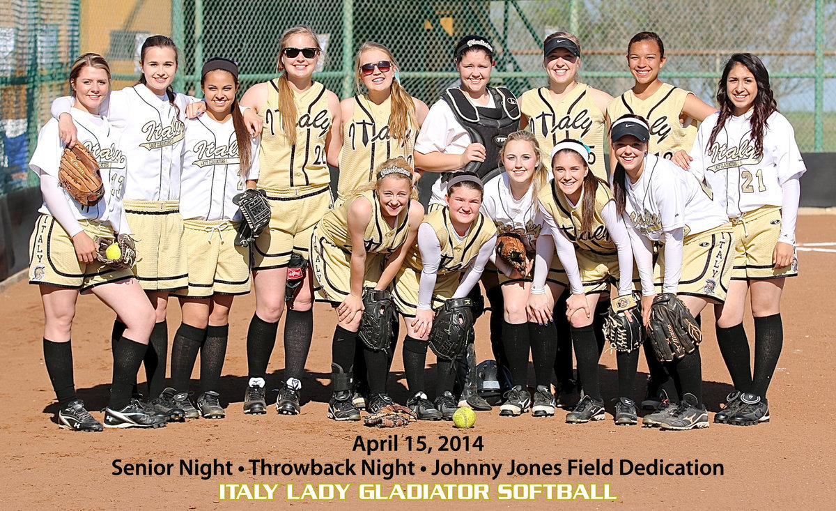 Image: What a night! The current Lady Gladiators honored their seniors, honored their former teams by wearing throwback uniforms and were part of the field dedication ceremonies with current assistant coach Johnny Jones being honored. And the night got even better with Italy shutting out visiting Avalon 15-0 to sweep the Lady Eagles in district play. Pictured on the back row (L-R): Brooke DeBorde, Amber Hooker, Ashlyn Jacinto, Madison Washington, Hannah Washington, Paige Westbrook, Jaclynn Lewis, April Lusk and Lizzie Garcia. Front row (L-R): Britney Chambers, Tara Wallis, Kelsey Nelson, Cassidy Childers and Bailey Eubank.