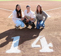 Image: Italy Lady Gladiator senior scorekeeper Monserrat Figueroa, senior first-baseman/catcher Paige Westbrook(10) and senior bookkeeper Taylor Turner were honored before the start of their final home game.