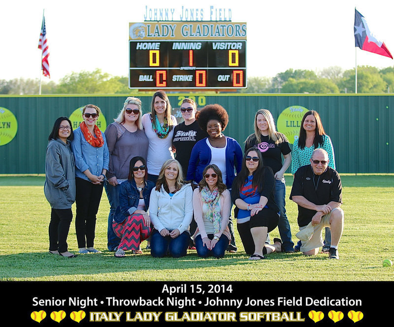Image: Lady Gladiator alumni softball players pose with their former coach, Johnny Jones (bottom right), who had the field dedicated to him on Tuesday, April 15, 2014. Players pictured are (top row) daughter JoAnn “JoJo” Jones-Miller, Sarah DeMoss-Fulfer, Christie Carter-Enriquez, Megann Lewis-Harlow, Mistie Carter-Saxon, Marquisha Burkhalter-Jeng, Rachel Adams and Ashley Vargas.
    (Bottom row) Crystal Langley-Lopez, Courtnei Threadgill, Kaitlin Morrison and Holly Alvarez.