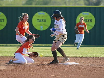 Image: Lady Gladiator Lizzie Garcia beats the throw to second-base.