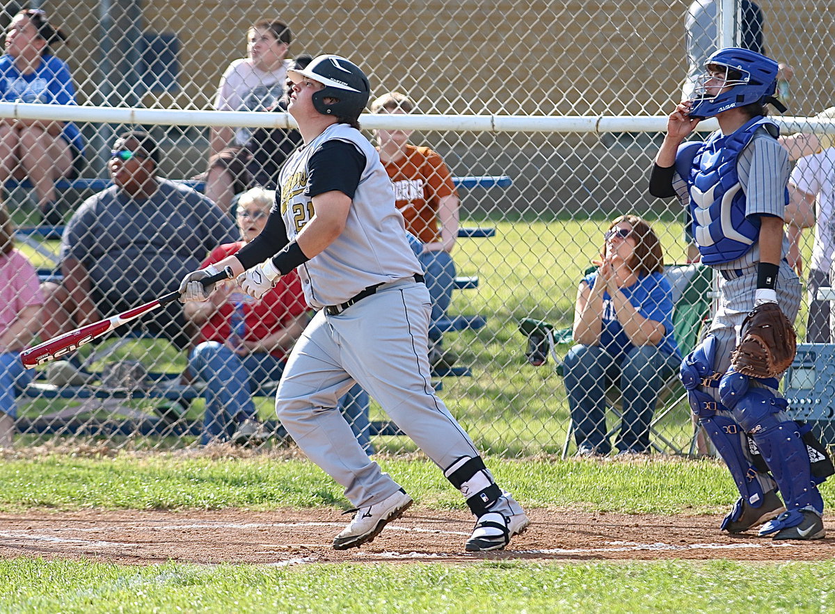 Image: When John Byers(16) hits, people watch. The district’s home run leader, with two to lead the category, is denied this time by the Bulldogs but Byers will be turning heads soon at a plate near you.