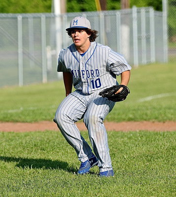 Image: Milford’s third-baseman Will Price(10) hurries in with an Italy batter showing bunt.