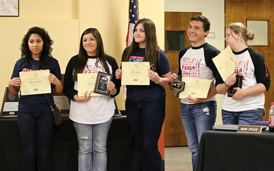 Image: FCCLA state representatives of Italy High School are (L-R) Julissa Hernandez, Adriana Celis, Alexis Sampley, Chace McGinnis and Tia Russell.