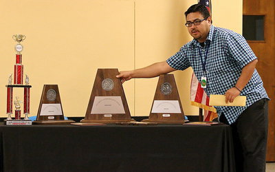 Image: Jesus Perez takes a trip down trophy lane as he relives some special moments achieved by the Gladiator Regiment band and its talented members for 2013-2014.
