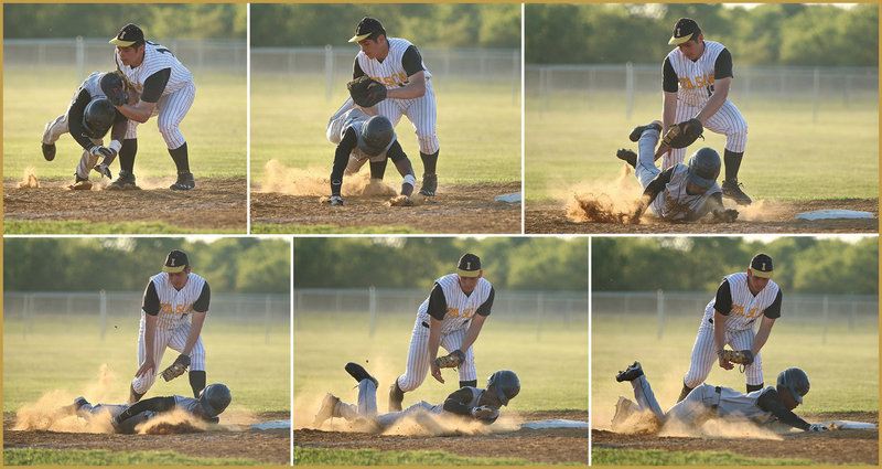 Image: Italy senior Eric Carson(3) was involved in a controversial play as he tries to bulldoze his way back to the first-base bag. Carson was ruled out but not before creating an interesting NEO-CAM sequence of images.