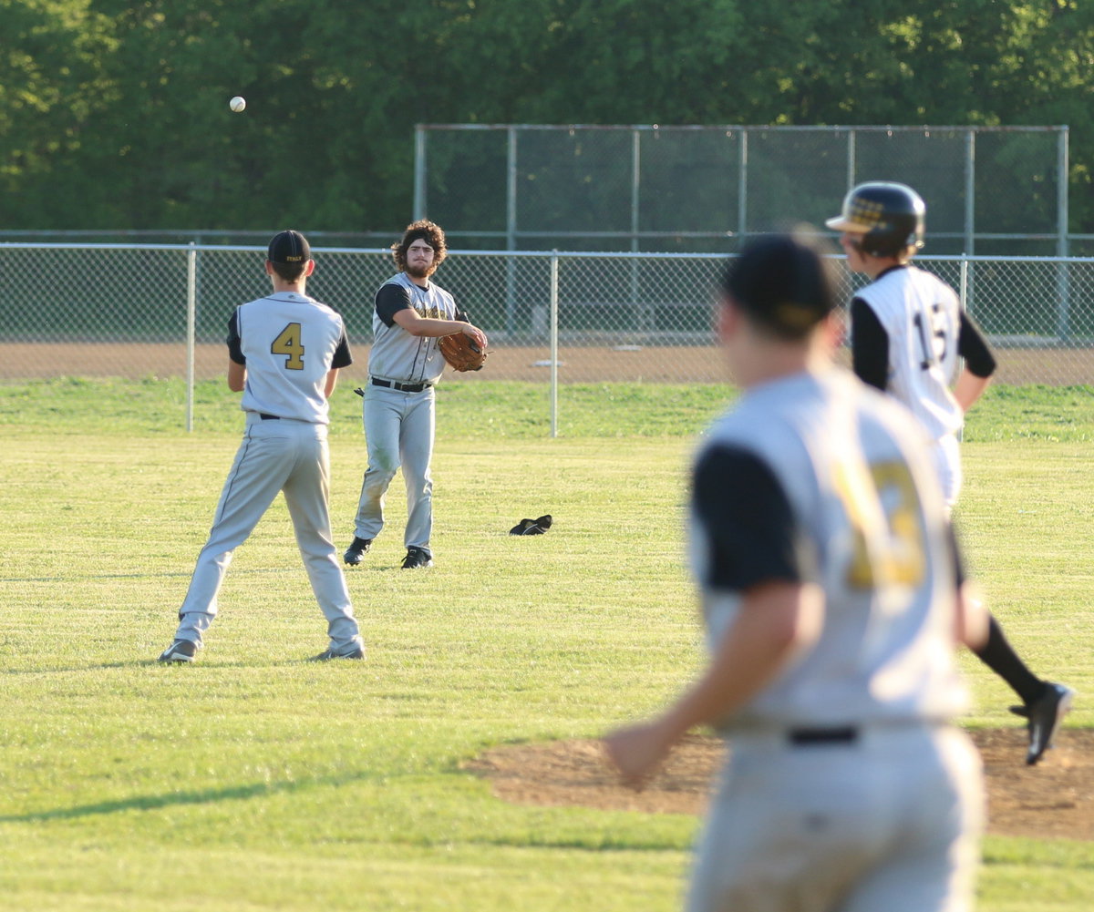 Image: After making the catch for an out to end the inning, left fielder Kyle Fortenberry(14) throws into shortstop Ryan Connor(4).