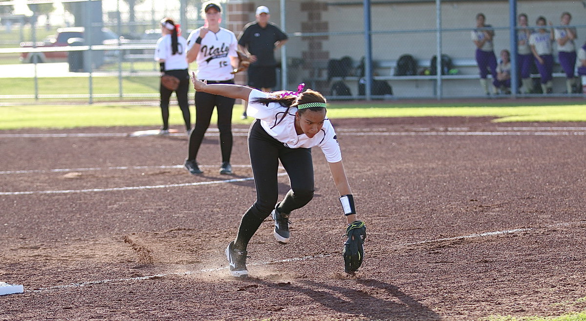 Image: Lady Gladiator third-baseman April Lusk(18) shows her athleticism to make the grab on what was ruled a foul ball.