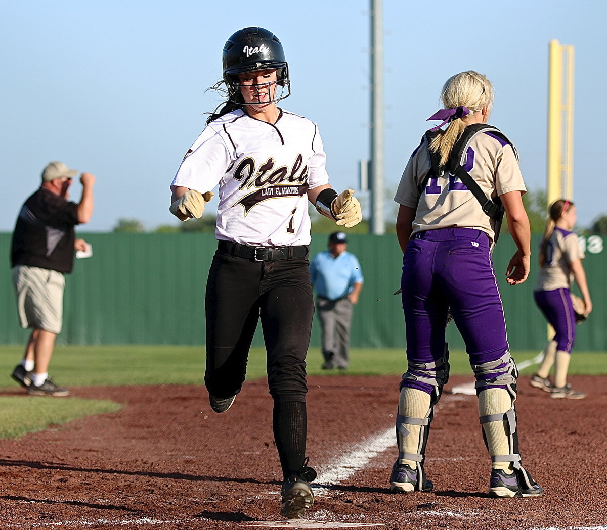 Image: Bailey Eubank(1) scores as well with head coach Wayne Rowe congratulating Kelsey Nelson for her contribution.