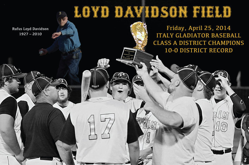 Image: As a former player of Coach Loyd Davidson (1927-2010) who Davidson Field in Italy is named after, I know he’s thrilled to see Italy win the 2014 District Championship with a perfect mark of 10-0. In the photo: After defeating Frost 12-4 at home to finish their district campaign strong, Italy ISD Principal Lee Joffre presents the Gladiators with the championship trophy!
