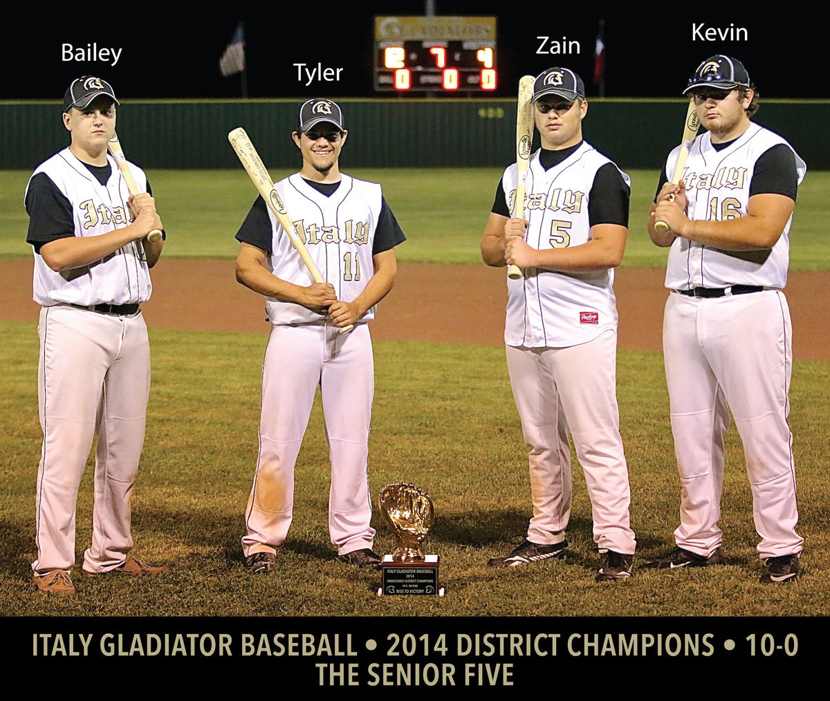 Image: The Senior Five (minus one with teammate Eric Carson competing representing Italy Track &amp; Field at regionals in Abilene): Pictured are Bailey Walton, Tyler Anderson, Zain Byers and Kevin Roldan. The Gladiators posted a perfect district record of 10-0 to go with their 2014 District Championship after defeating the Frost Polar Bears 12-4 in Italy at Davidson Field.