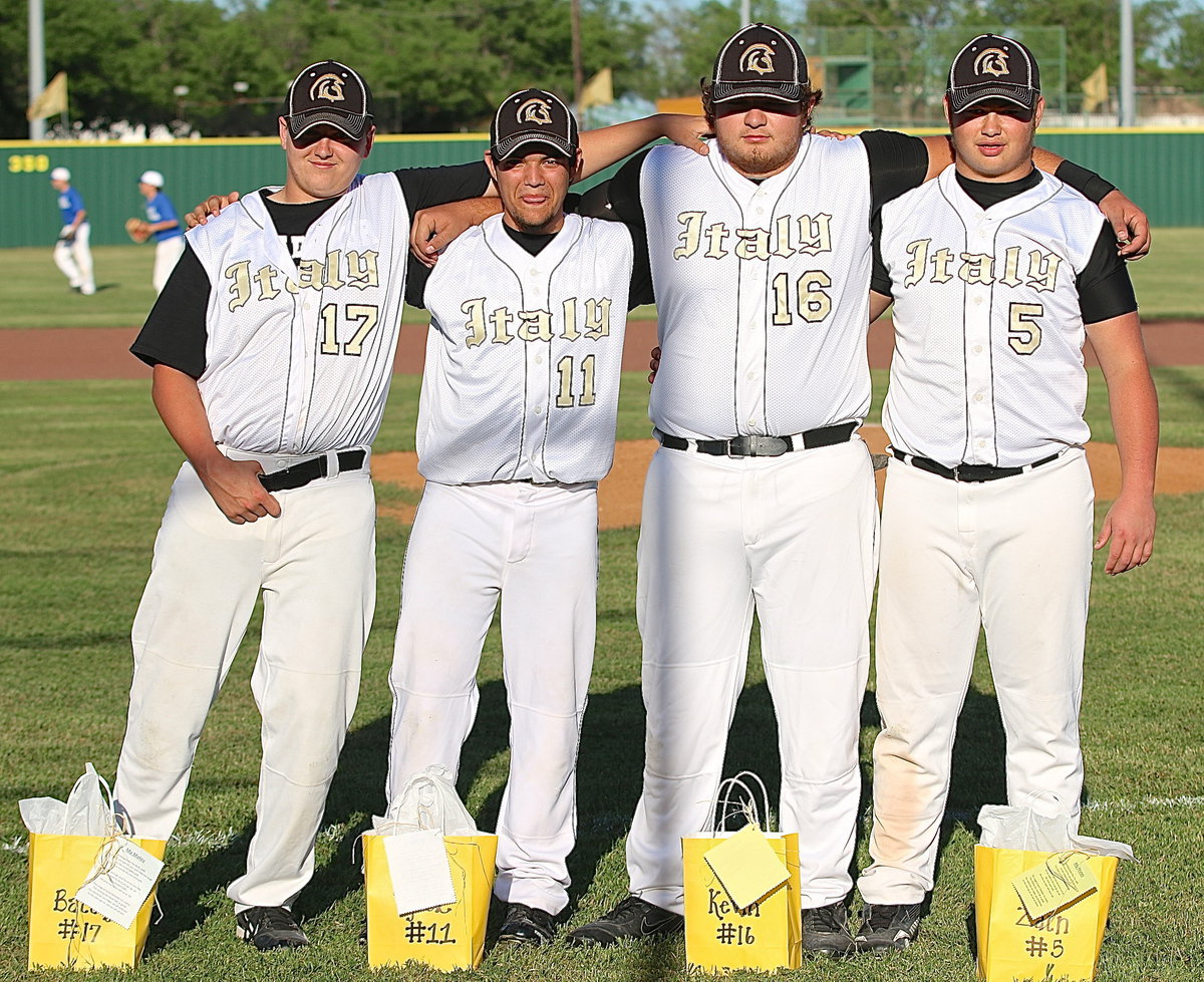 Image: Senior Gladiators Bailey Walton(17), Tyler Anderson(11), Kevin Roldan(16) and Zain Byers(5) are honored before the game versus Frost as part of the Senior Day celebration before their final home game. Fellow senior Eric Carson missed the game while representing Italy at the regional track meet in Abilene.