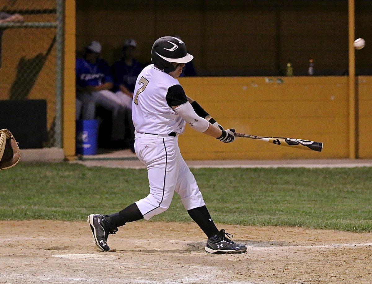 Image: John Escamilla(7) is up to his old tricks with another base hit to score runners. Escamilla reached second-base after an errant throw failed to stop him at first.