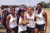 Image: The Italy Lady Gladiator sprint relay team of Kortnei Johnson, Kendra Copeland, April Lusk and Janae Robertson are state bound after posting an unofficial time of 49.5 in the 4×100 sprint relay during the UIL Regional Track And Field Championship in Abilene at the Abilene Christian University campus.