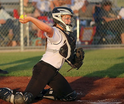 Image: Catcher Lillie Perry(9) throws down to second-base.