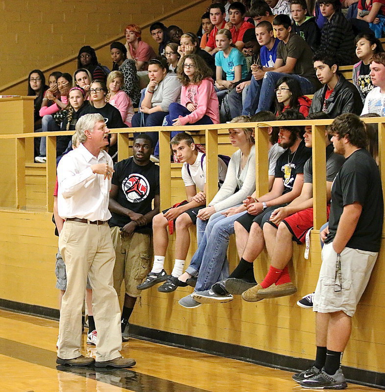 Image: Italy ISD Athletic Director and Head Football Coach Charles Tindol addresses students about the importance of being a good student if they might want to play sports at the collegiate level. “Being a good athlete or being musically talented can get you attention but scholarship money is often based on grades, overall GPA, how active you were in your organizations, in volunteering for the community and how high you scored on your ACT and SAT scores.”