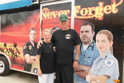 Image: Bob and Carla Pickard welcomed the riders. Their son, Greg Pickard, lost his life in the life of duty with the Bryan Fire Department.