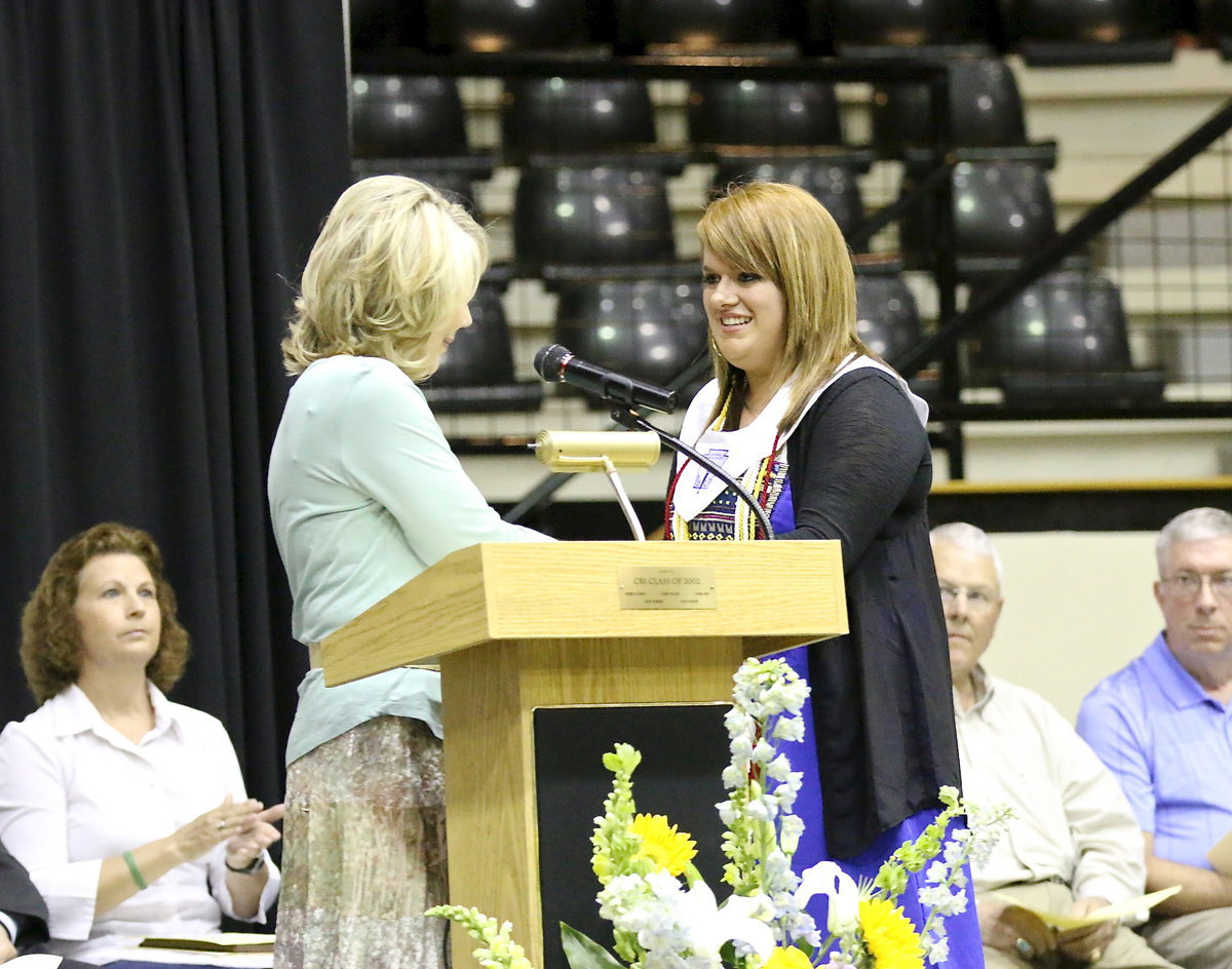 Image: Sue Price presents the Jewell Major Scholarship to Emily Stiles.