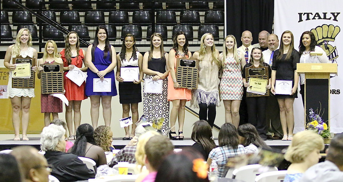 Image: Representing Lady Gladiator Softball are Jaclynn Lewis (Nancy Ferguson Team MVP Award), Britney Chambers (Fighting Heart Award), Amber Hooker, April Lusk, Brooke DeBorde, Bailey Eubank (Offensive Co-MVP), Madison Washington (Offensive Co-MVP), Kelsey Nelson, Tara Wallis (Defensive MVP), and Lillie Perry. Coaches along the back row are Michael Chambers, Johnny Jones, Wayne Rowe and Tina Richards.