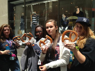 Image: Kylee Dabney, Brenya Williams, Amber Hooker and Christy Murray prepare to devour their Rockefeller Center pretzels.