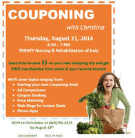 Image: On Thursday, August 21, from 4:30 p.m. to 7:00 p.m., Couponing guru Christina Hamm will be giving a detailed presentation revealing the ins-and-outs of better Couponing. The FREE event will be held at Trinity Nursing and Rehabilitation located at 220 Davenport in Italy. RSVP Chris Baker at (469) 765-6535 by August 18.