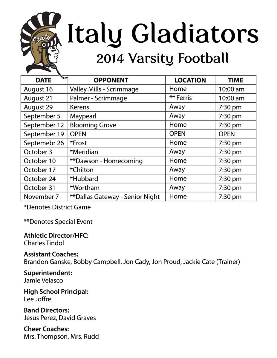 Image: The 2014 Italy Gladiator Varsity Football schedule: