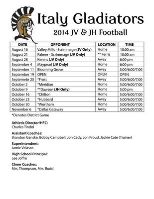 Image: The 2014 Italy Gladiator JV and Jr. High Football schedules: