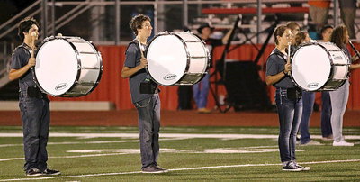 Image: Bass drummers do their thing during the halftime show.