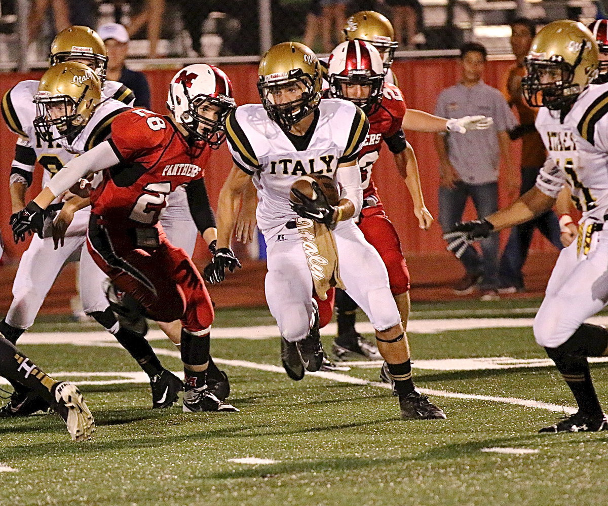 Image: Levi McBride(1) sparks the Gladiators with a long kick return up near midfield to start the third-quarter.