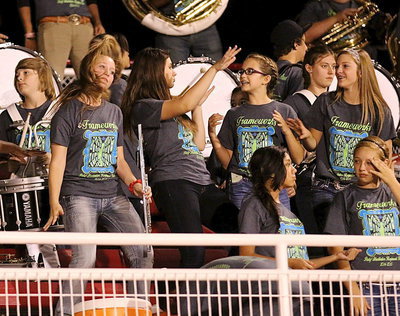 Image: Bandies rock it out from the stands.