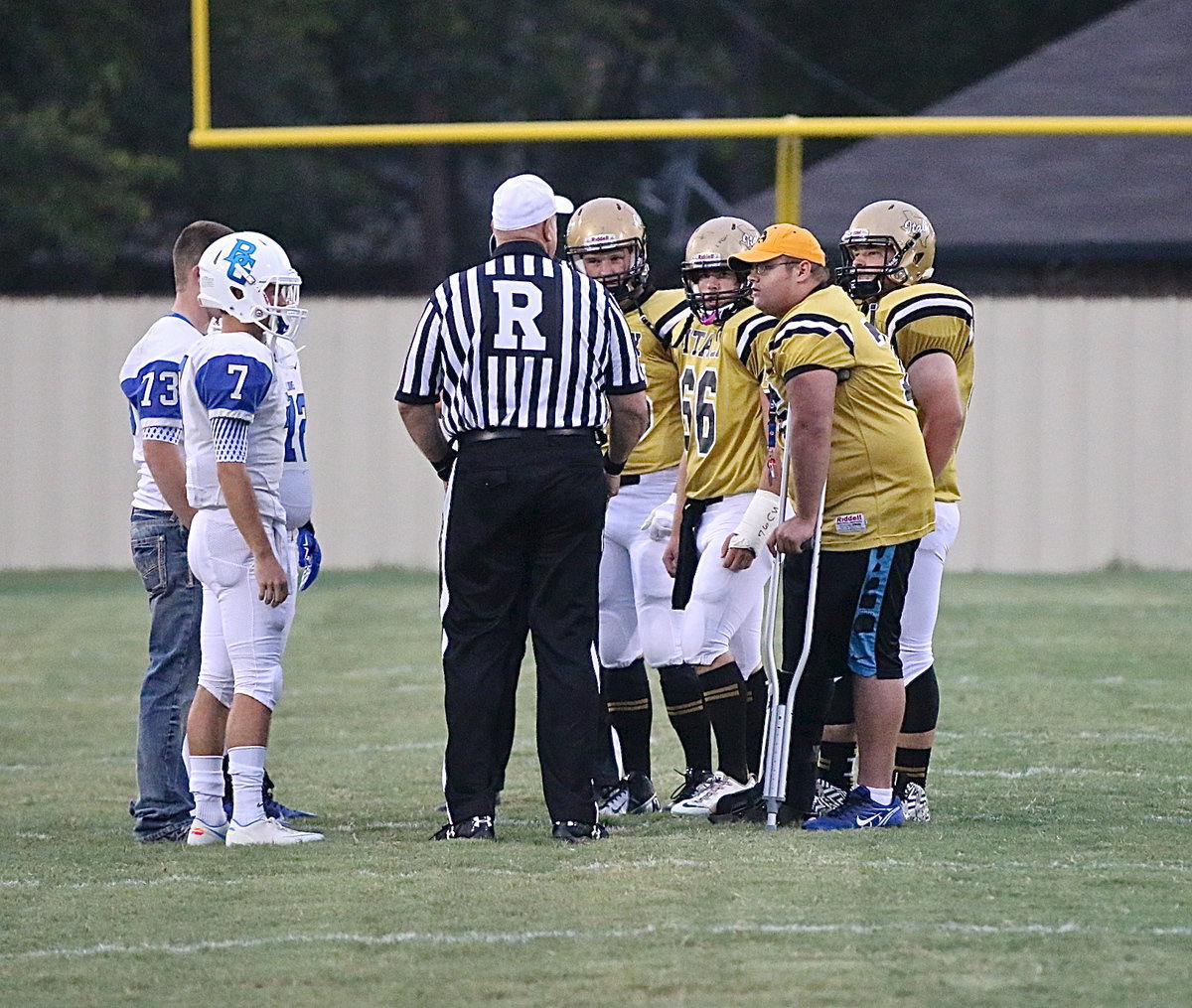 Image: Gladiator captains Cody Boyd(15), Kyle Forteneberry(66), John Byers(60) and Colin Newman(76) greet the Lion captains at midfield.