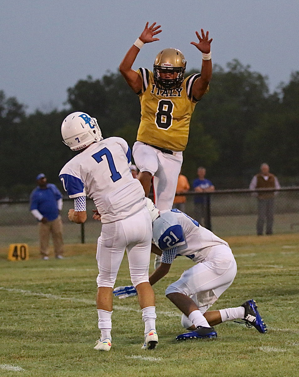 Image: Gladiator Joe Celis(8) flies in to put pressure on the Blooming Grove quarterback.