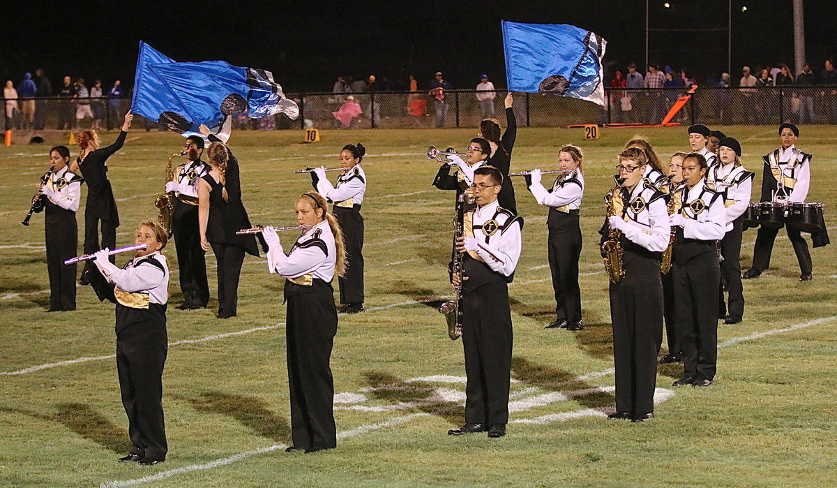 Image: Flags, instruments and uniforms entertain Gladiator fans at halftime.