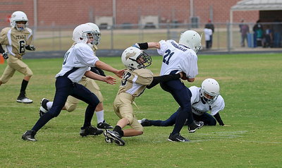 Image: A-team Gladiator Ty Cash(10) latches on to a Bulldog runner.