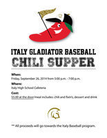 Image: The Italy Gladiator Baseball team will be hosting their Chili Supper fundraiser on Friday, September 26, from 5:00 p.m. to 7:00 p.m. before the varsity football game between Italy and Frost.