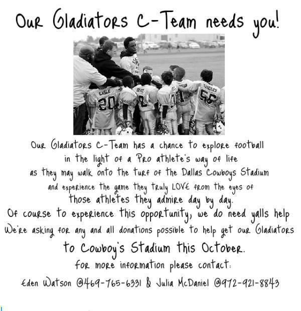 Image: The IYAA C-Team Gladiators Football and Cheerleading kiddos (K-2nd) will be holding a garage sale fundraiser this Sunday, September 21, starting at 6:00 a.m. under the downtown pavilion in Italy. Proceeds will help send the team to Jerry’s World for a game on October 12.