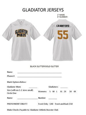 Image: Custom Gladiator Jerseys Order Form from the Gladiator Athletic Booster Club.