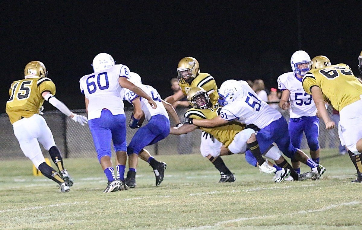 Image: Sacrificing for his team, Gladiator linebacker Kyle Fortenberry(66) reaches out while being blocked to make a one-armed tackle against Frost.