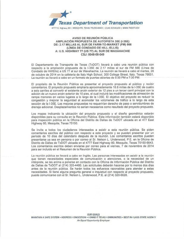 Image: TxDot Public Meeting Notice (Spanish)