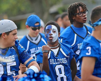 Image: James McIntyre(8) and his Bulldog teammates are jamming during the pep-rally.