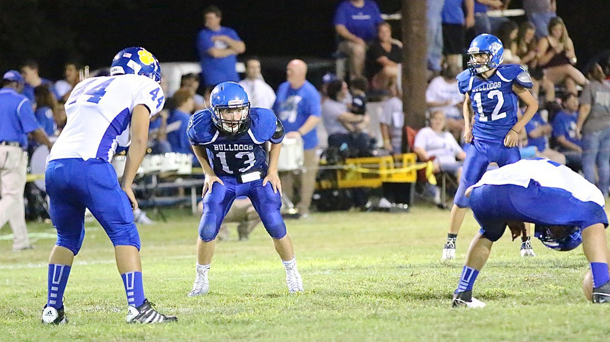 Image: Keith Kayser(13) and Daren Cisneros(12) get set on defense for the Bulldogs.