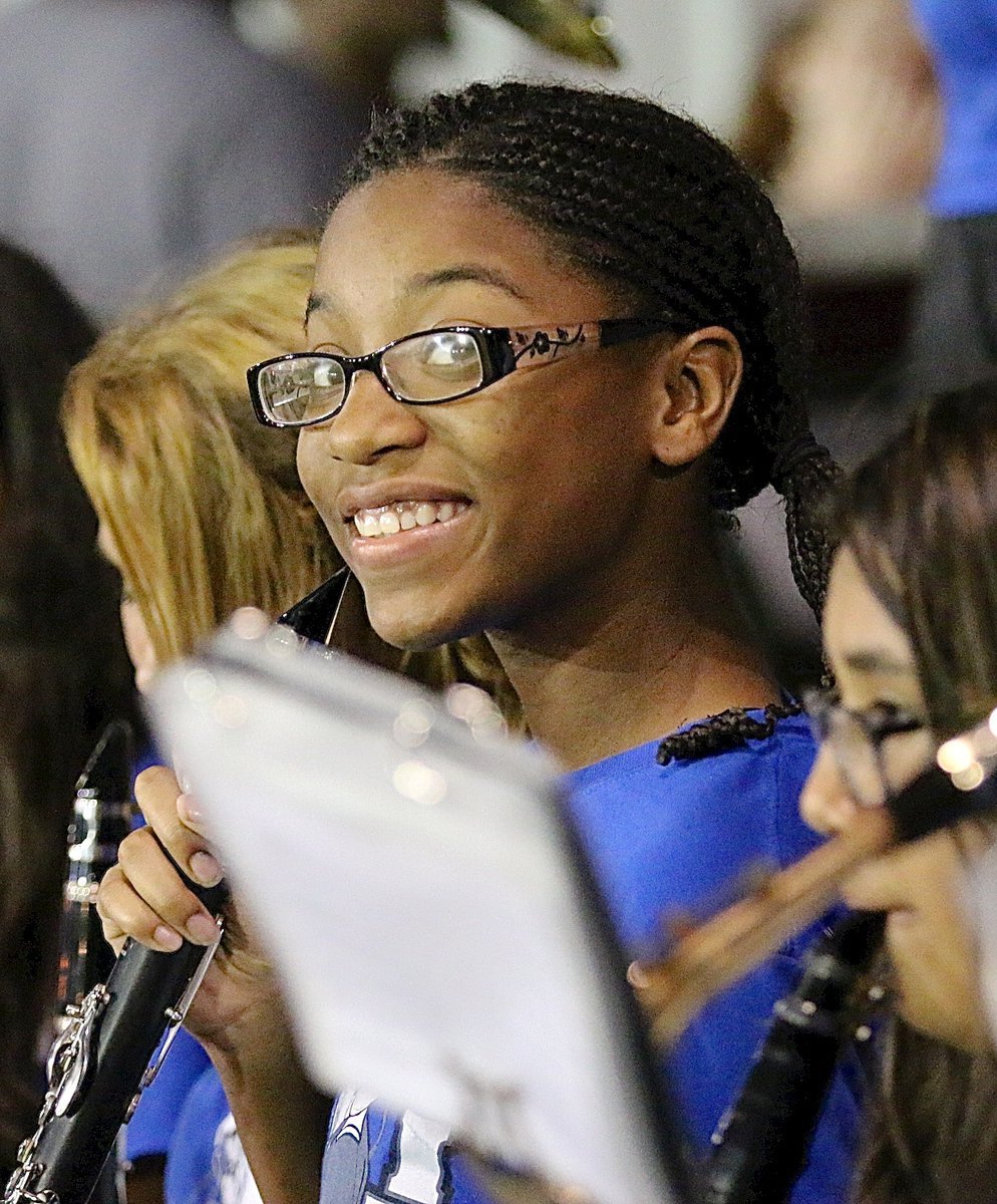 Image: Bulldog Band member Jace McIntyre smiles between the notes.