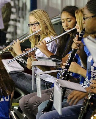 Image: Celsie Chadwick and Blanca Muniz use their musical flutes to inspire the Bulldogs on to victory!
