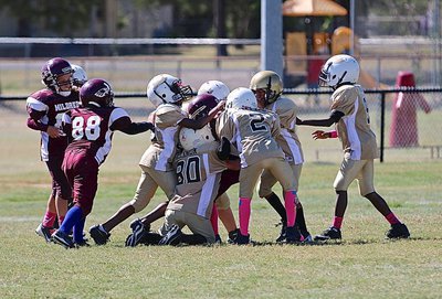 Image: The IYAA B-team Gladiator defense converges on a Mildred running back as they record their first win of the 2014 season in shutout fashion, 22-0 over Mildred.