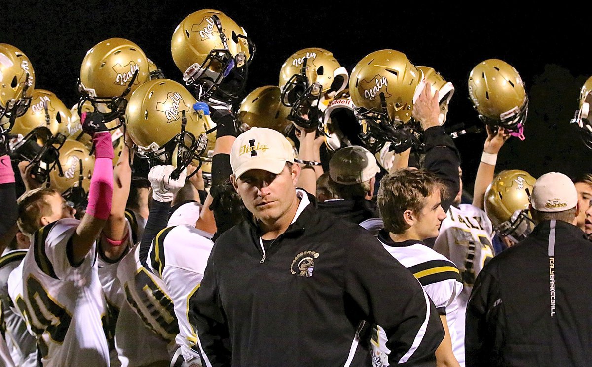 Image: Coach Jon Proud is Gladiator proud after their district win over Wortham, 14-7.