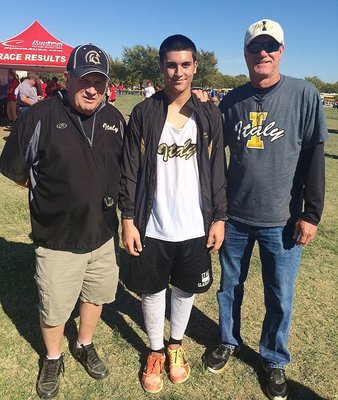 Image: Junior Gladiator and cross country runner Mason Womack with his head coach Johnny Jones (on the left) and Italy ISD Athletic Director/HFC Charles Tindol during the 2014 UIL Cross Country Regionals held at UT in Arlington.