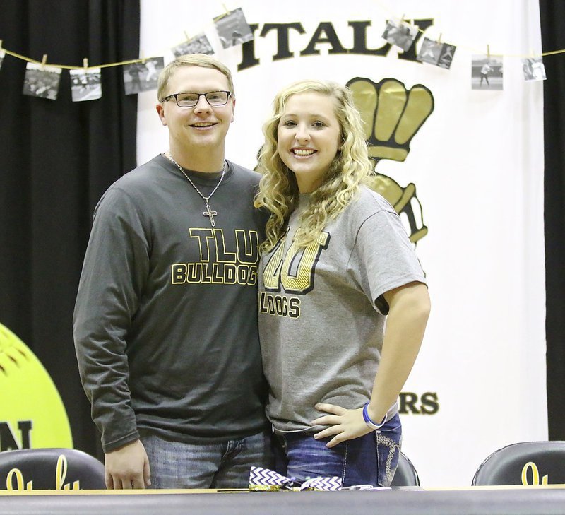 Image: Josh Zapletal congratulates his Jaclynn after she made her commitment official to play softball for Texas Lutheran.
