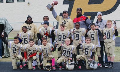 Image: IYAA Football B Team: 2014 Super Bowl Runner’s Up—These little guys proudly wear “Italy” across their chests!
    Fun Fact Only having 11 boys on the roster, these guys played every down, every second of every game all season, all playoffs, all the way to the end!