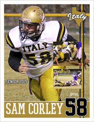 Image: Sam Corley(58), senior Gladiator 2015. Sam played a pivotal role as a left offensive guard in a comeback win against Wortham to keep Italy in the playoff hunt. Whenever Sam’s number was called, he was ready!