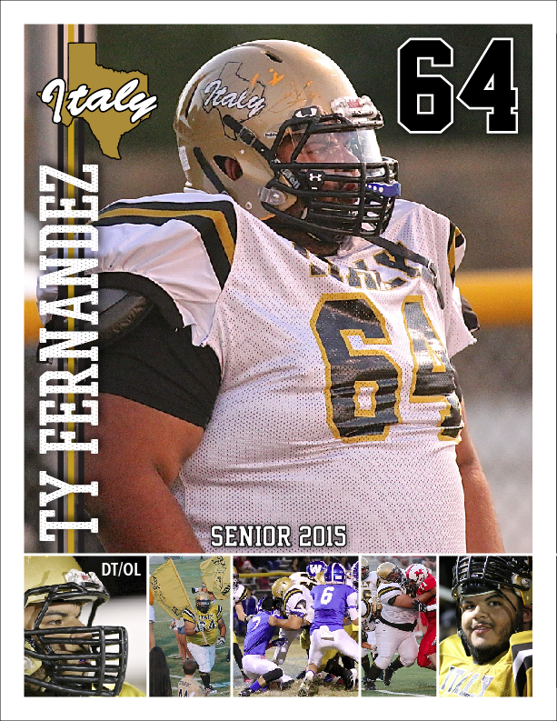 Image: Ty Fernandez(64), senior Gladiator 2015. Ty was named 1st Team All-District Offensive Lineman and Honorable Mention All-District Defensive Lineman in 2A-2 Region III District 10.